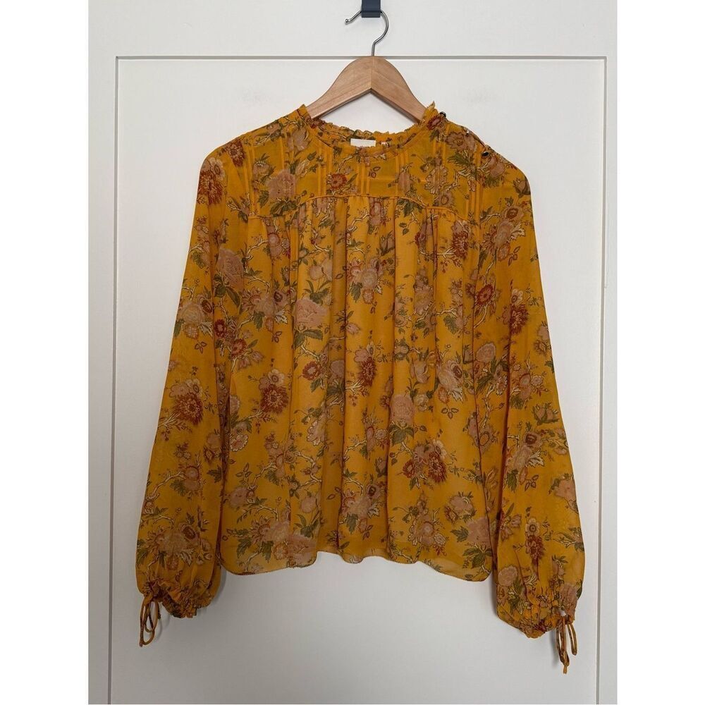Wilfred Aritzia Blouse Womens Sz S Yellow Floral Chiffon Ruffle Flowy Romantic